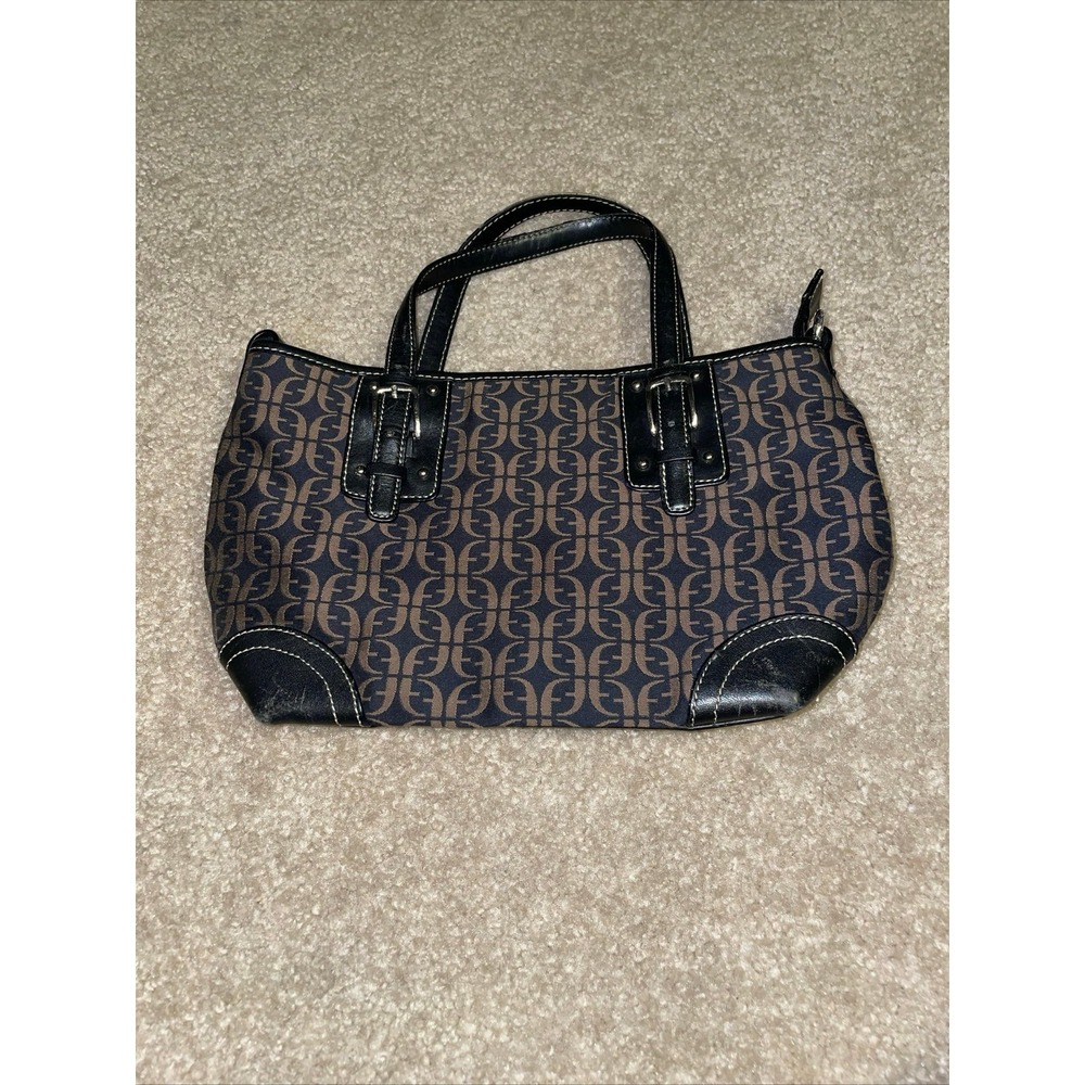 Fossil Signature Monogram Canvas Satchel Handbag Black Brown‎ Leather Trim